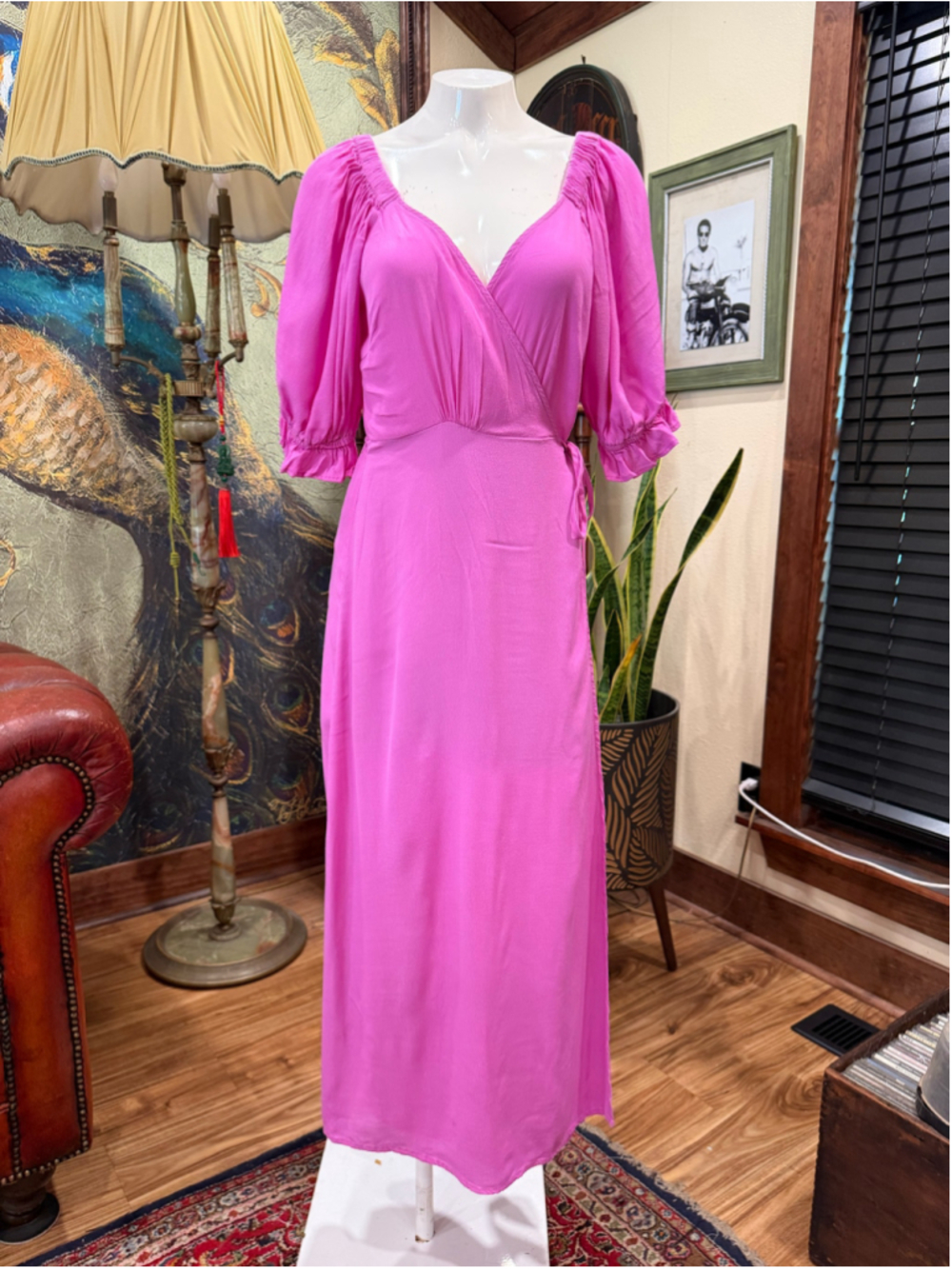 OLIVACEOUS Pink Wrap Maxi Dress Sz L Puff Sleeve Side Slit Cottagecore Boho Summ - Picture 3 of 12